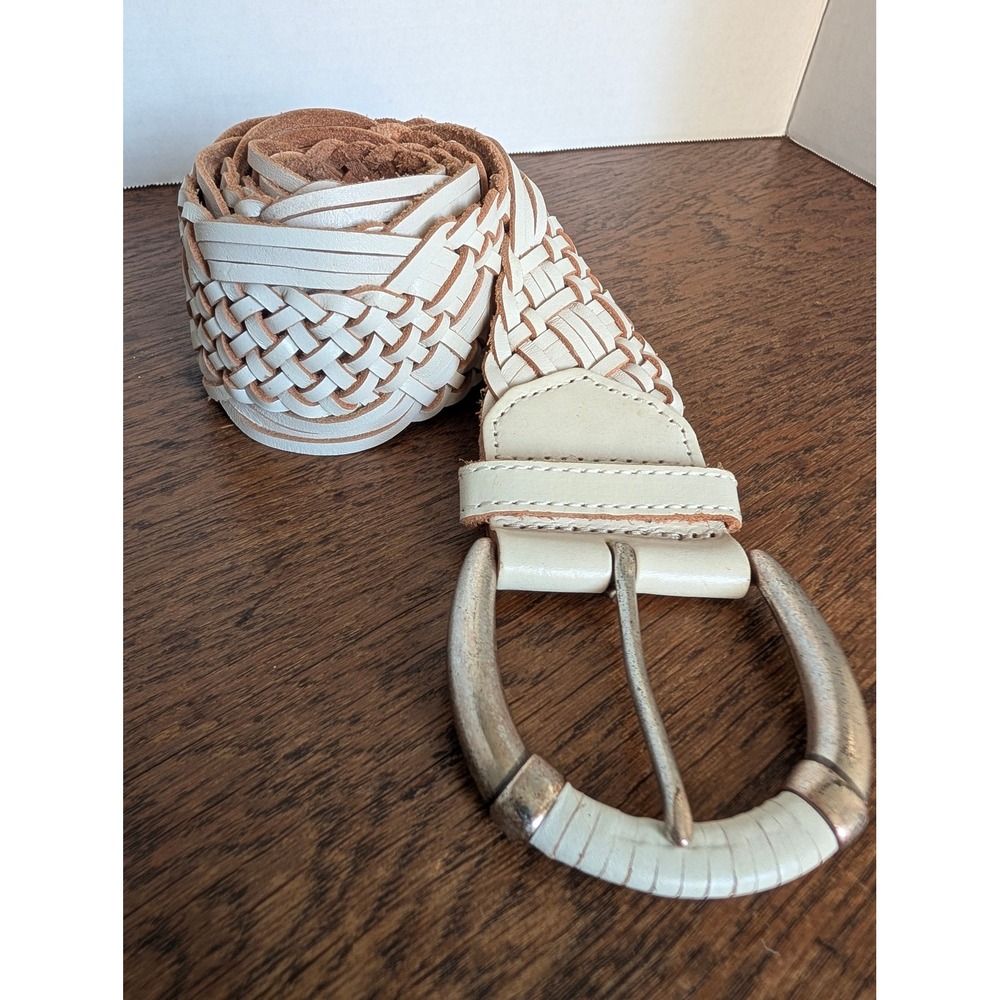 Lucky Brand Woven Belt Womens L/XL Cream Excellent Braided Leather Wide Buckle